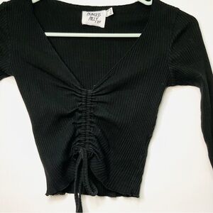 Princess Polly Black Ribbed Ruched Crop Top Tie Front Long Sleeve US 2 Y2K